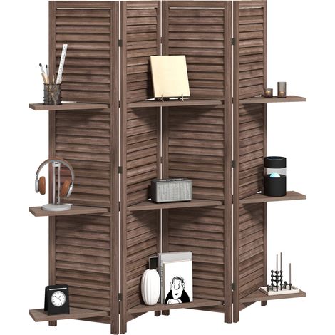 Paravent aus Holz mit 4 Paneelen, 160 x 170 cm, klappbarer Trennwand mit 3 Ablagen, Nussbaum