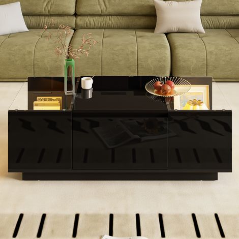 Table Basse Design 105x50x35 cm - LED 16 Couleurs Bluetooth - 2 Tiroirs Cachés + Rangements Latéraux - Finitions Brillant et Mat (1/4)