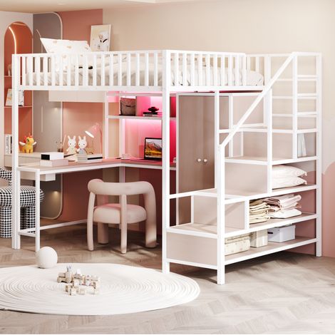 Hochbett Bett 140x200 mit Schreibtisch Metall Weiß HAVRYA (1/5)