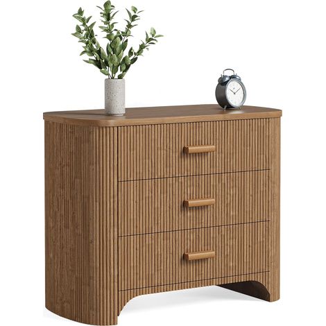 Tribesigns Large Wide Nightstand with 3 Drawers, Mid Century Modern Oversized Bedside Table for Bedroom, Big Night Stand with Fluted Striped Panel & Closed Back, Deep Brown (1/5)