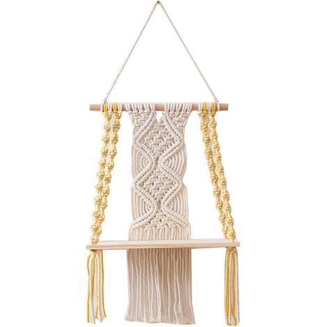 Étagère murale, décoration murale de chambre à coucher de style bohème, décoration murale en dentelle tressée comme étagère de salle de bain de style bohème (jaune + blanc cassé) (1/5)