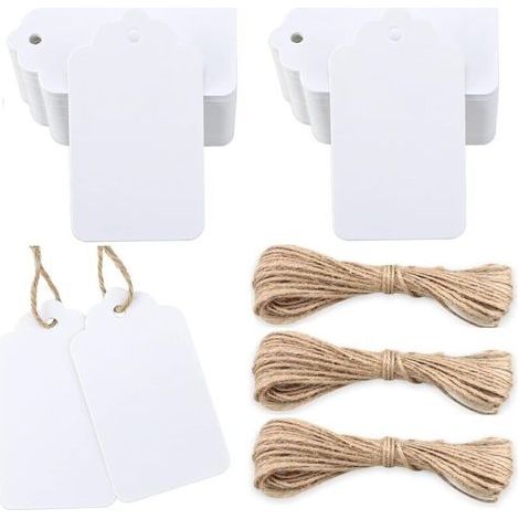 Etiquetas de regalo blancas naturales en cartón ecológico – 100 unidades con cuerda de yute de 20 m para bodas, Navidad y ocasiones especiales. (1/4)