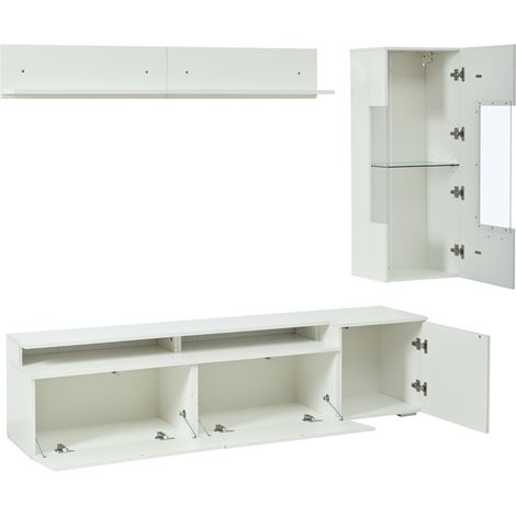 Ensemble mural TV 3 pièces avec éclairage LED, finition brillante, meubles de salon, meuble mural frontal, 1 meuble TV, 1 vitrine de salon, 1 étagère murale, pour TV jusqu’à 80 pouces, blanc