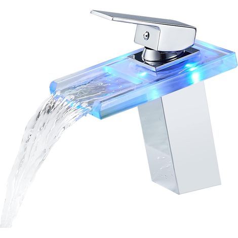 LAN LED-Wasserfall-Waschtischarmatur aus Glas – Warm- und Kaltwasserarmatur – 3 wechselnde Farben – Messingkorpus (1/5)