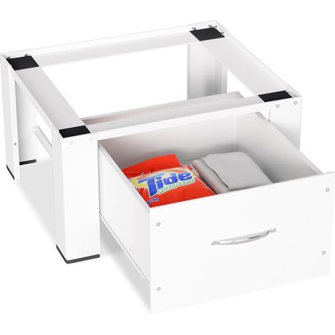 1 support de machine à laver avec tiroir 62,5 x 54,5 x 32,5 cm, meuble inférieur pour machine à laver jusqu'à 150 kg, socle surélevé, socle blanc (1/5)