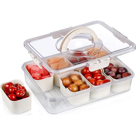 Plateau avec couvercle, plateau de service compartimenté avec poignée, boîte à goûter portable à 8 compartiments, boîte à goûter multifonctionnelle, bonbons (28 x 21 x 6,5 cm) (1/4)