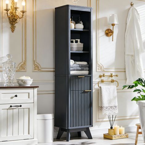 Armoire de rangement pour salle de bain 68" Haute Étroite, Armoire avec Étagère Réglable, Tiroir & Plateau Faux Marbre, Profil Courbé pour Salle de Bain, Salon & Cuisine - Panneau de Particules Gris F (1/5)
