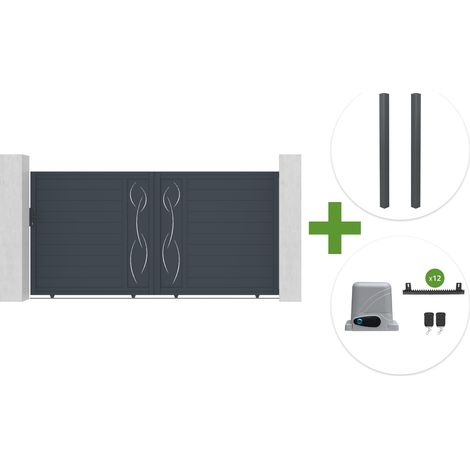 Portail coulissant 3,5m LIFE H.180cm aluminium gris + 2 poteaux ELDA + motorisation Ranger C300 (1/5)