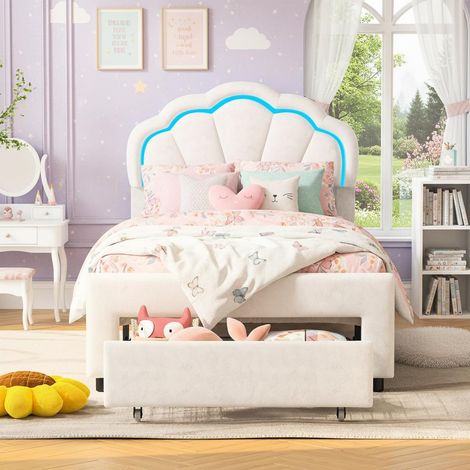 Lit Enfant 90x200 cm Design Coquillage avec LED RGB et Tiroir de Rangement - Structure en Velours Blanc - Sommier à Lattes Inclus
