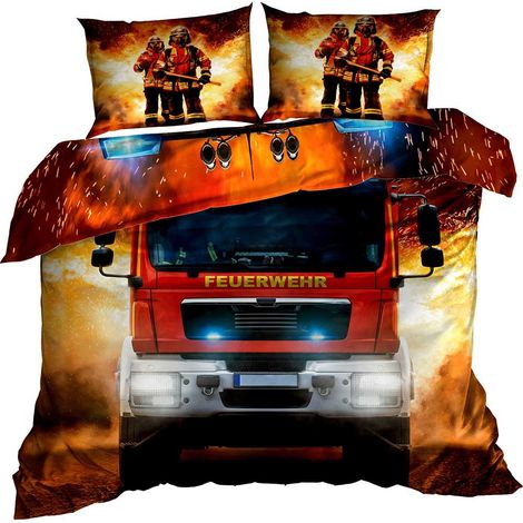 Biancheria da letto in raso di cotone 3D 160x200 cm con camion dei pompieri. Caserma dei pompieri rossa.