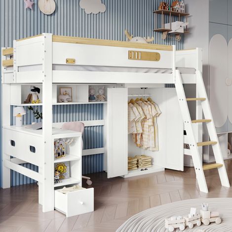 MEUBLIV Etagenbett 90x200 cm Weiß+Natur – mit Tisch, Kleiderschrank und Stauraum, ohne Matratze (1/5)