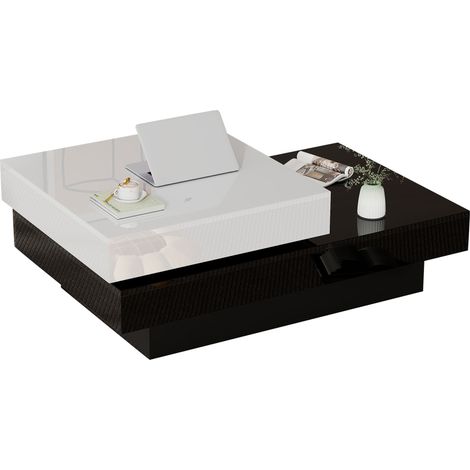 Table basse rotative bicolore noir et blanc brillant à double plateau, dessus pivotant, 103 x 60 x 35,5 cm, panneaux de particules, salon (1/5)