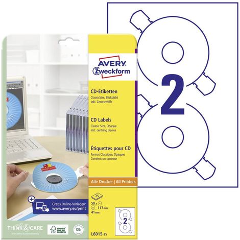 Avery-Zweckform L6015-25 Etichetta per CD Ø 117 mm Carta Bianco 50 pz. A tenuta permanente Stampante a getto d'inchiost