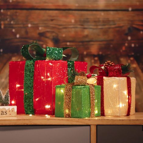 Lot de 3 Décorations de boîtes lumineuses de Noël avec 60 lumières LED, Trois coffrets cadeaux lumineux de différentes tailles, décoration de jardin extérieur pour Fête de Noël (1/5)
