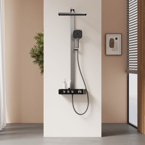 EMKE Duschsystem mit Thermostat & 36cm Regendusche Durchflussregelung 37cm Ablage & Halterung für Kinder/Senioren Anthrazit