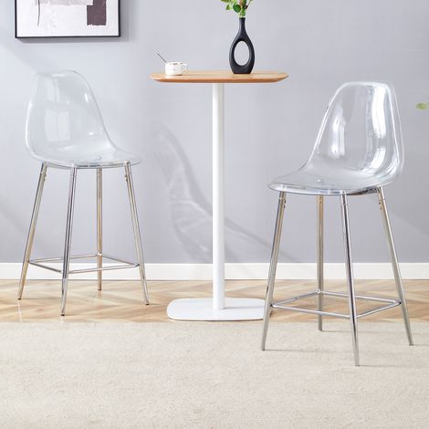 Lot de 2 tabourets de bar en polycarbonate transparent, piètement métal argent/or/noir, chaises design contemporain pour cuisine, comptoir ou espace repas (sans table, sièges seuls). (1/5)