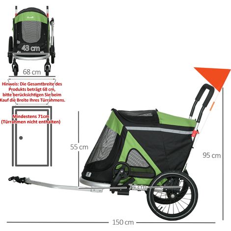 2-in-1 Hundebuggy Hundejogger Fahrradanhänger, 2 Reflektoren, 1Sicherheitsleine, 150 x 68 x 95 cm, Grün (1/5)