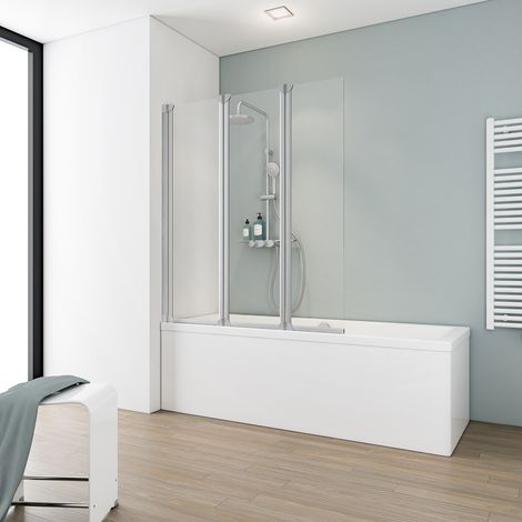 Schulte – Pare-baignoire pliant 124 x 130 cm – 3 volets en verre de sécurité transparent – Profilé alu argenté – Montage mural réversible
