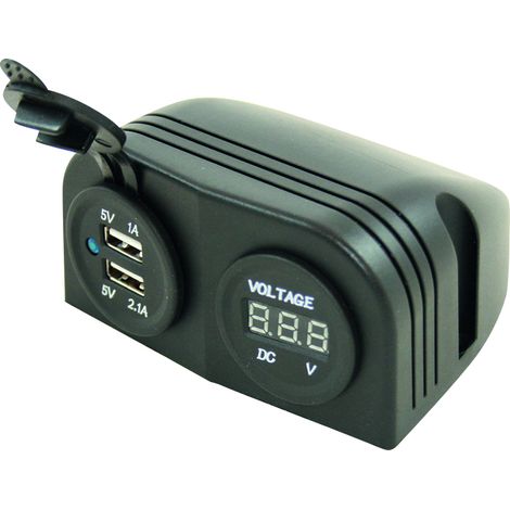 Base con 2 tomas USB + voltímetro empotrado