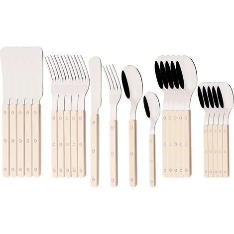 (Beige, ensemble de 24 pièces) Manche en acrylique, couverts en acier inoxydable, comprenant un couteau, une fourchette et une cuillère.