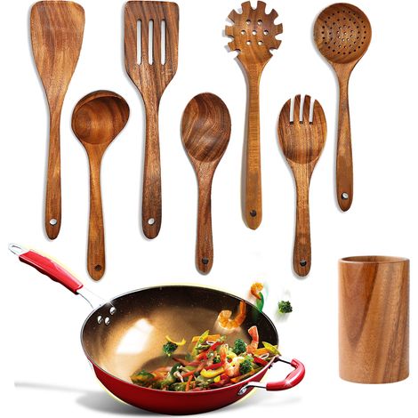 Set di 7 utensili da cucina in legno antiscivolo e resistenti al calore con manici in legno.