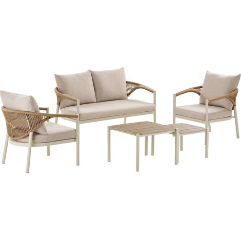 Salon de jardin complet tables gigogne en aluminium et polyéthylène aspect bois - ABELINA (1/5)