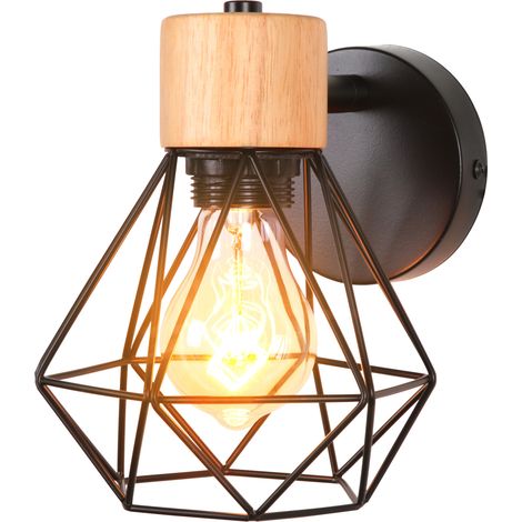 Aplique de Pared Industrial Regulable Lámparas de Pared de Cage Madera Metal 16CM Iluminación Vintage E27 para Dormitorio Salón Cocina Pasillo - Negro
