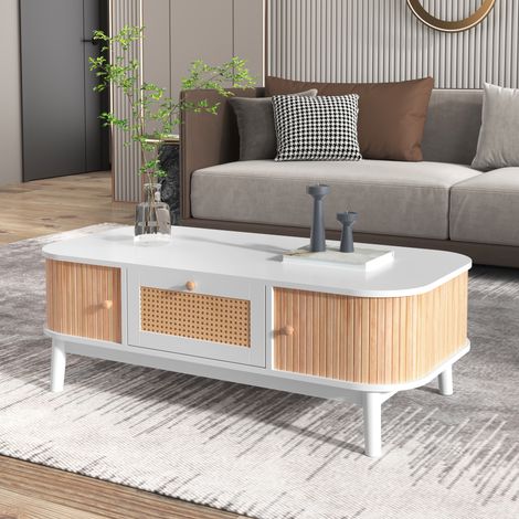 MEUBLIV mesa de centro 110x55x38,5 cm blanca y madera, con puertas correderas (1/5)