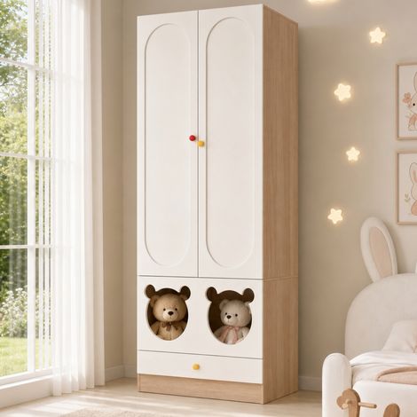 Armoire à deux portes, armoire enfant, mobilier de chambre d'enfant, avec penderie et tiroirs, surface laquée, 80 × 50 × 200 cm, contraste blanc-bois (1/4)