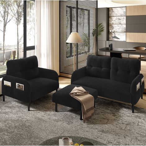 Set divano 2 posti, poltrona e pouf 120x75x79 cm, tasca laterale, schienale ergonomico, cord nero (1/5)