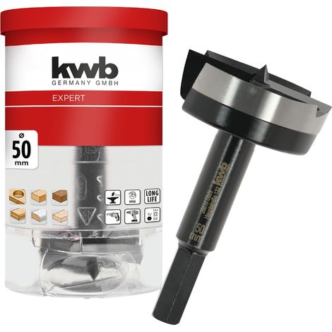 kwb Mèche à bois, Ø 50 mm, mèche à cloche (pour le bois, tête de perçage forgée, affûtage spécial, trous de perçage rapides et sans éclats, pointe de centrage affûtée sur 4 côtés, longue durée de vie) (1/4)