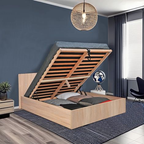 Le Quai Des Affaires – Lit coffre MADRID 180x200 – Décor chêne blanchi – Grand coffre de rangement – Sommier 15 lattes multiplis – Dimensions 206x190x85 cm