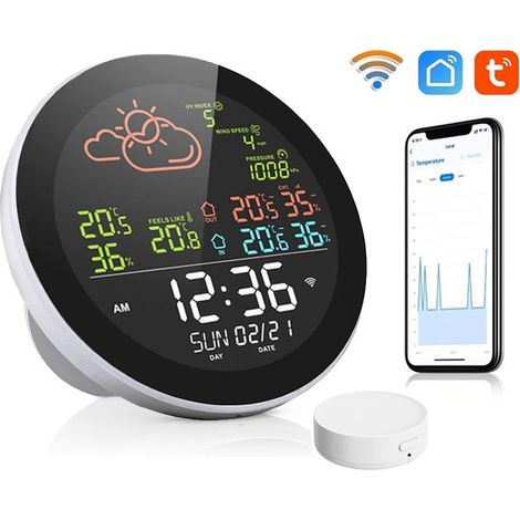 RSH Smarte Wetterstation(Farbdisplay)–1 Sensor,Tuya WiFi, Temperatur/Luftfeuchtigkeit/Luftdruck, 5,3" LCD-Display, Datenaktualisierung alle 5 Sekunden (1/5)