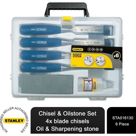 Stanley – Bevel edge chisel set 6 piece – Hardened alloy steel blades – Impact-resistant handles – Includes sharpening stone and oil (1/5)