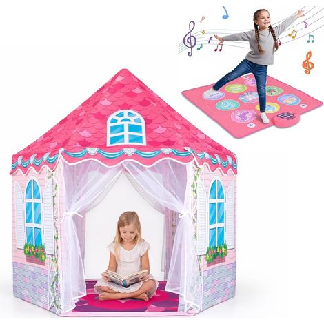 COSTWAY Tente de Jeu Enfant Hexagone avec Tapis de Danse, Rose, avec Tapis (1/5)