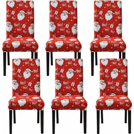 Fundas para sillas de comedor de 6 piezas, fundas para sillas de comedor de Papá Noel, fundas navideñas de spandex suave con bandas elásticas extraíbles y lavables. (1/3)