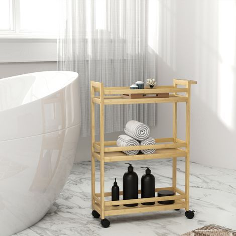 Étagère en bambou 3 niveaux sur roulettes pour salle de bain, cuisine, salon - naturel (1/5)