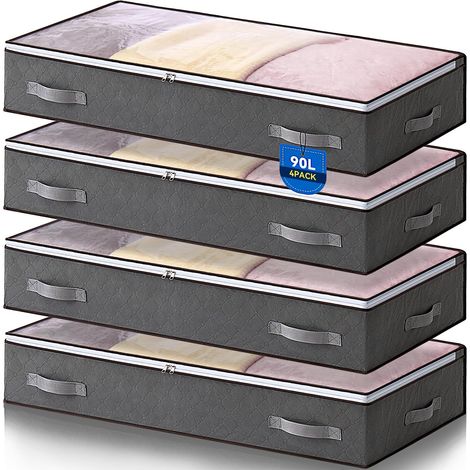 4 Pièces Bacs de Rangement sous le Lit, Sac de Rangement Vetement 90L Housse de Rangement pliable Poignée Renforcée Avec Fermeture éclair Fenêtre Transparente Pour Rangement de Couette Vêtements (1/5)