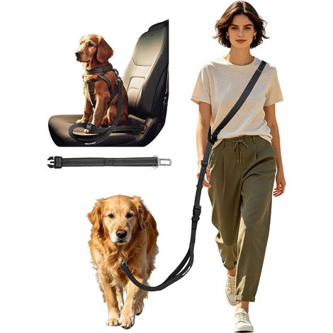 Hands Free Dog Leash with Car Seat Belt 2-in-1, Adjustable 1.7-2.5 m, Shoulder/Waist/Hand Wear, for Medium and Large Dogs, Walking (Black) (1/5)