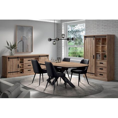 Altobuy – Ensemble séjour industriel complet – Argentier et buffet multi-rangements avec éclairage LED – Table ovale 230 cm en métal noir (1/5)