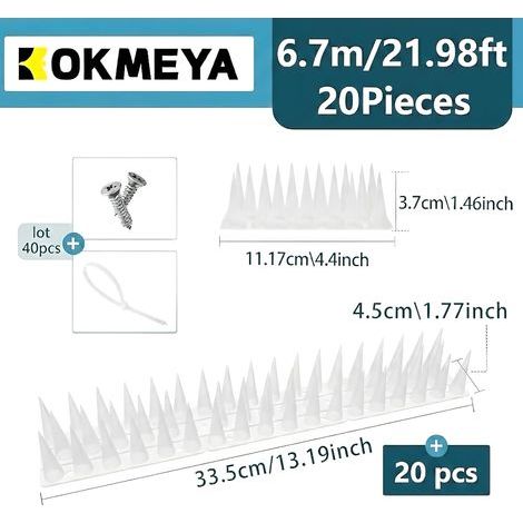 Pics Anti Pigeon Plastique (6,6m, 20 pcs, Transparent) - Kit avec 40 Vis & 40 Colliers de Serrage - pour Balcon, Gouttière & Rambarde - Contre Mouettes & Chats (1/4)