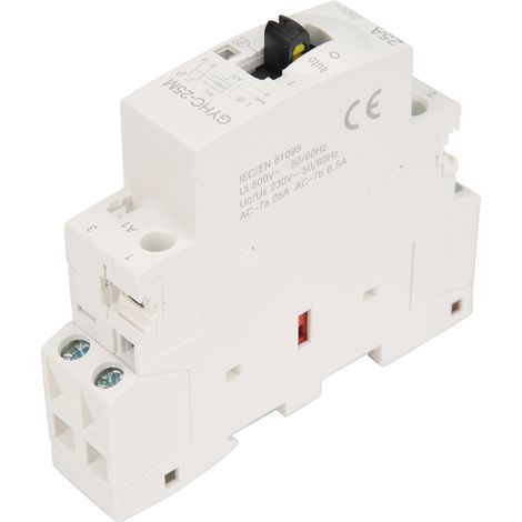 Contacteur secteur domestique 2P 25A 220V 50Hz sur rail DIN avec interrupteur de commande manuel 2NO
