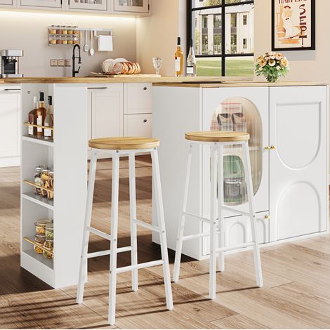 Conjunto de barra para cocina con almacenamiento y 2 taburetes, blanco, MDF y metal (1/5)