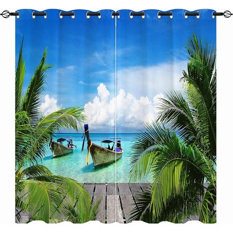 Rideaux Tropical - Imprimé Occultants Thermiques (Océan Petit Bateau Île Exotique, Palmiers & Océan) pour Salon/Chambre avec Œillets - 2 Panneaux L60 x H90cm - 60L X 90H cm (2 Panneaux) (1/5)