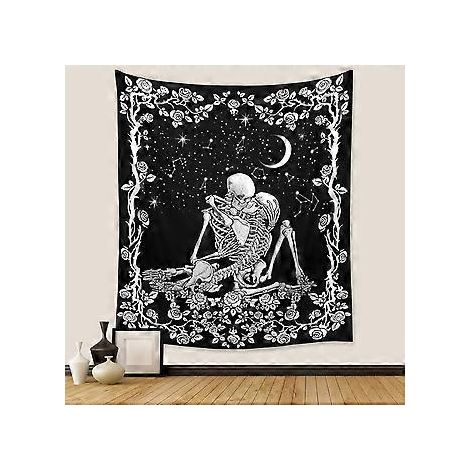 Wandteppich „Küssende Liebende“ mit Totenkopfmotiv, romantisches Sternbild-Skelett-Wandbild in Schwarz-Weiß, Wanddekoration für Wohnzimmer und Schlafzimmer (130 x 150 cm)