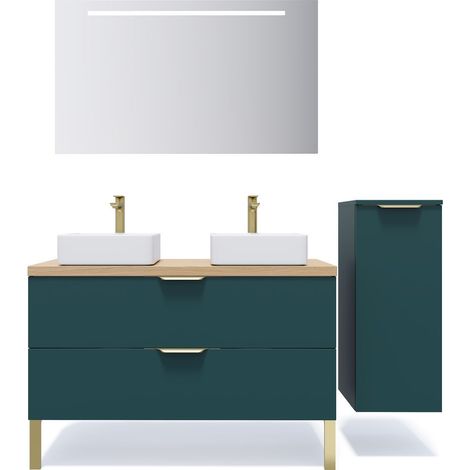 Meuble de salle de bain suspendu 2 vasques à poser 120cm 2 tiroirs Bleu + miroir + colonne ouverture droite - Venice (1/5)