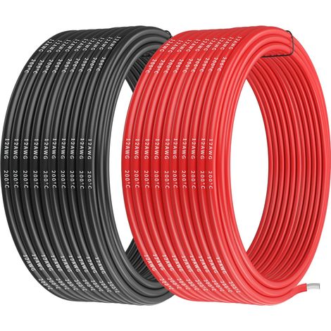 Fil de silicone de calibre 12, câble électrique 12 AWG 10 m [5 m noir et 5 m rouge], flexible 680 brins 0,08 mm de fil de cuivre étamé à haute température pour voiture RC, marine, drone (1/5)