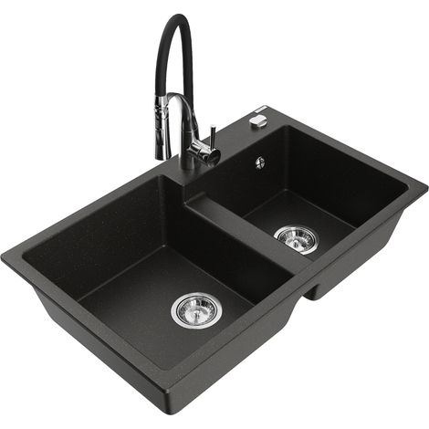 Mexen Tomas évier en granit 2 bacs avec robinet de cuisine Aster, noir/or métallique - 6516-75-73450-07 (1/5)