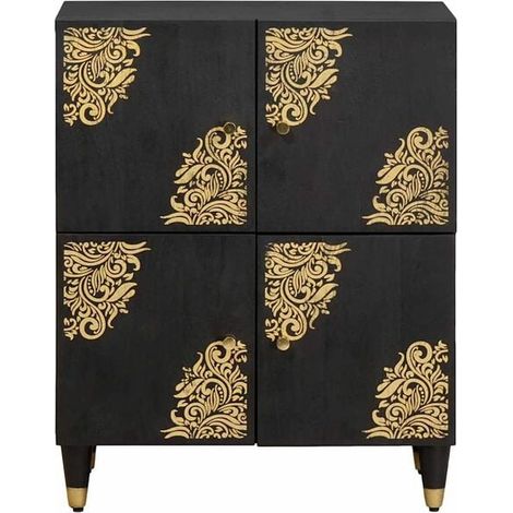 Buffet de Cuisine en Bois de Manguier Massif, Noir, 60x33x75 cm, Meuble Rangement avec Étagères Ouvertes pour Salon et Salle à Manger (1/5)