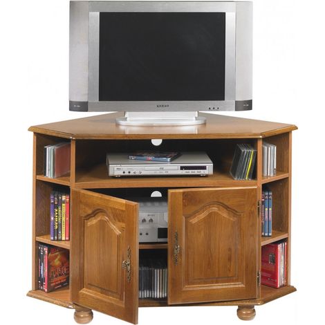 Beaux Meubles Pas Chers – Meuble TV d'angle chêne massif 2 portes – Largeur 114 cm – Hauteur 77 cm – Profondeur 77 cm – Arrière percé pour passage câbles (1/3)
